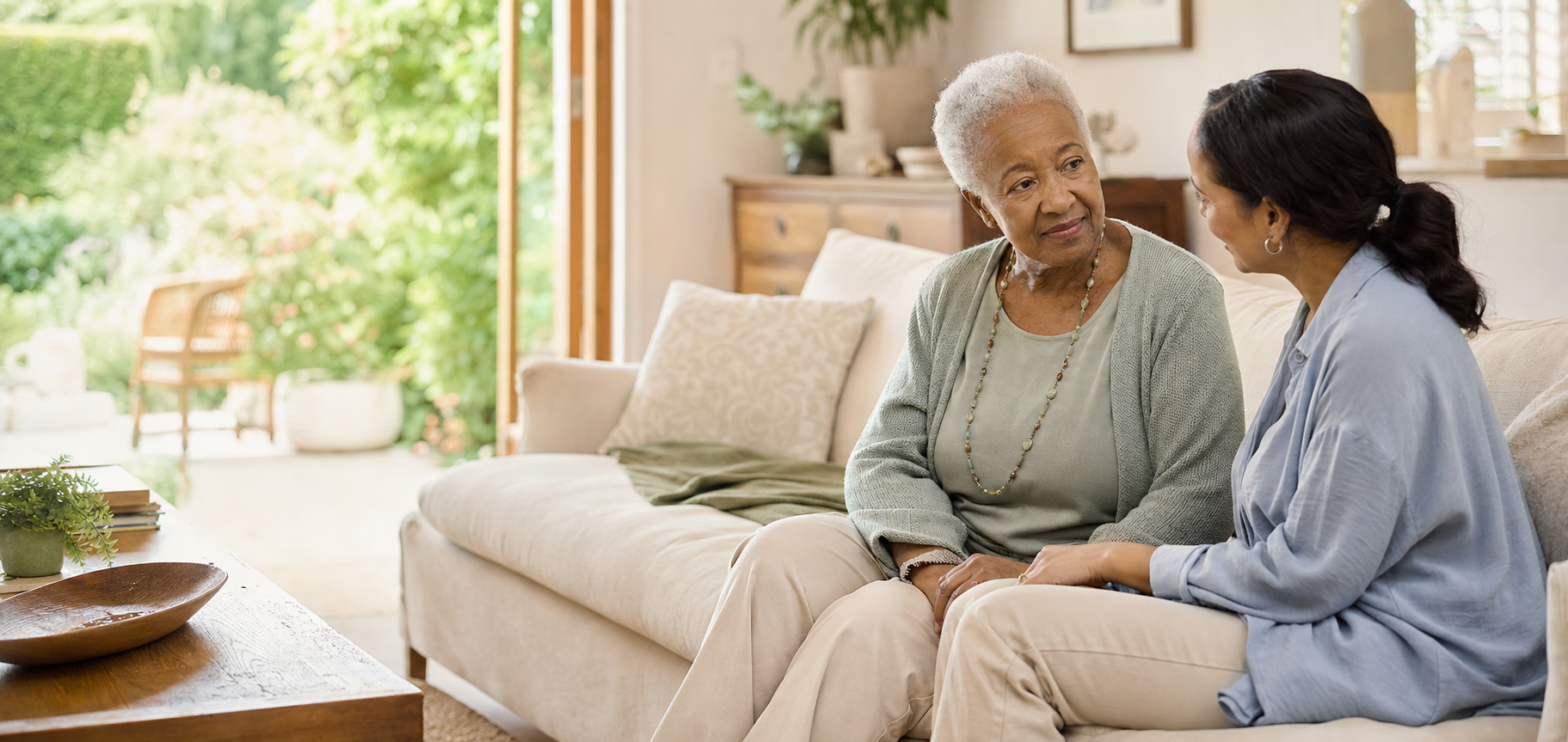 Older adult speaking with a caring companion in a warm home